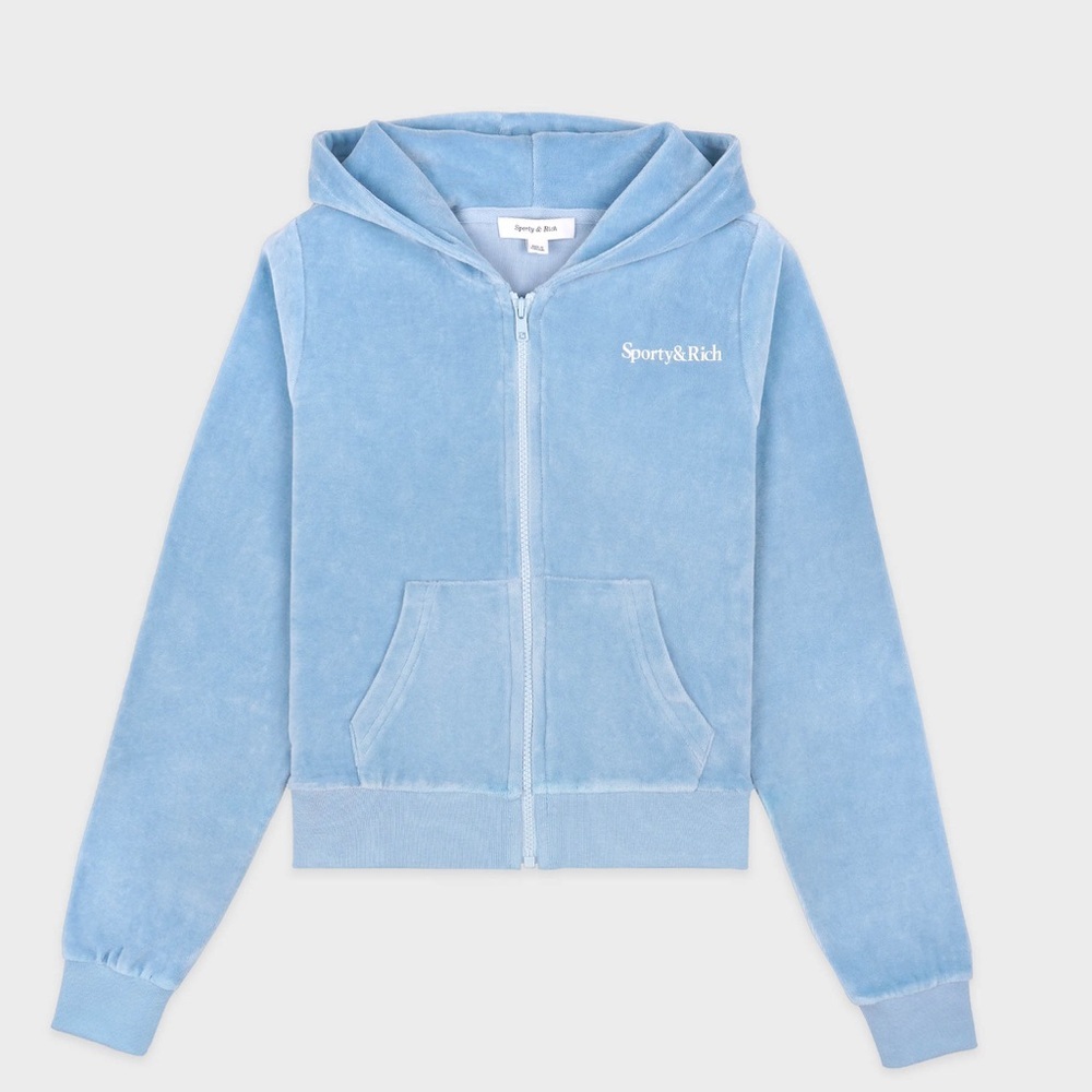 Sporty & Rich Health Ivy Velour Zipped Hoodie Sky Blue White Logo $195 Large
